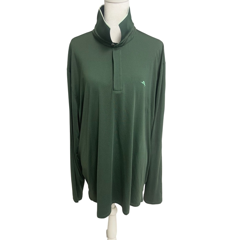 Tommy Bahama IslandZone Polo Mens Long Sleeve Green Micro Dot Sz XL Golf Coastal